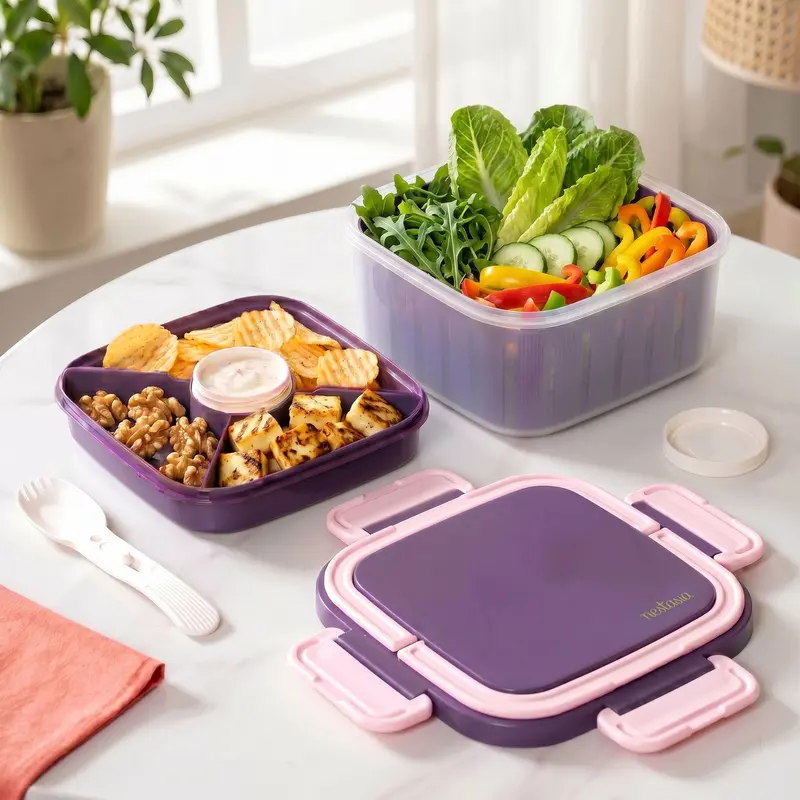 Crispo Leak-Proof Salad Container With Built-In Dressing Cup & Spoon – Purple, 1350 Ml 1