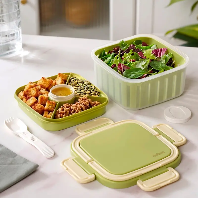 Crispo Portable Salad Box With Integrated Dressing Compartment & Utensil – Green, 1350 Ml 1