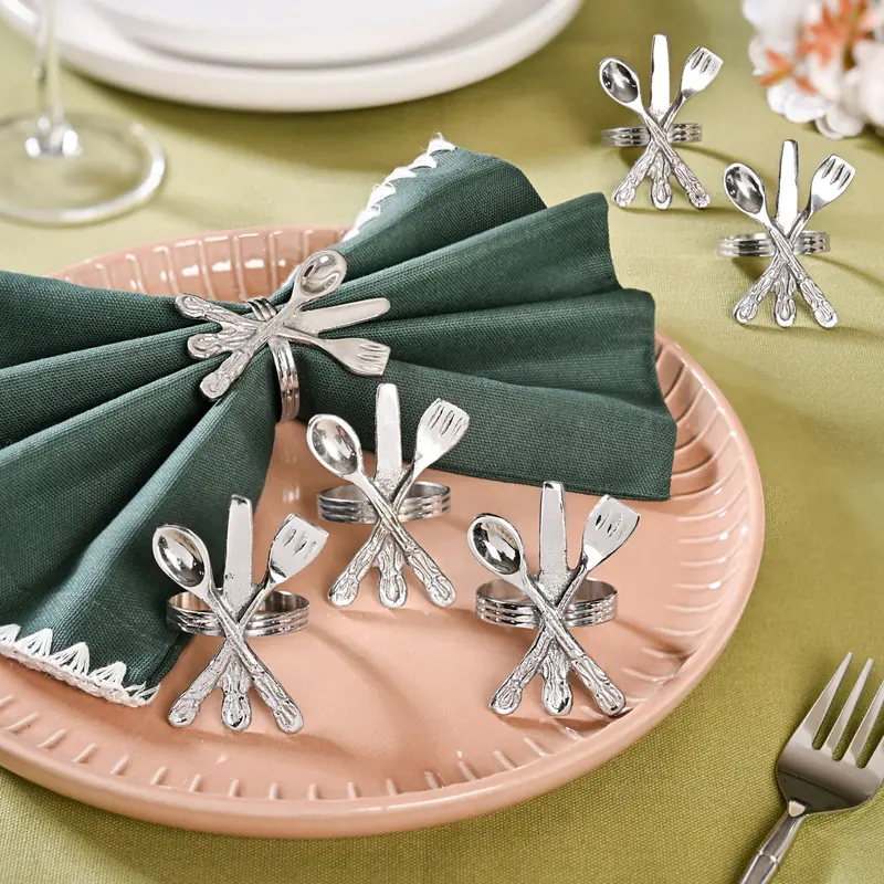Cutlery-Inspired Brass Napkin Rings – Polished Silver Set Of Six 1