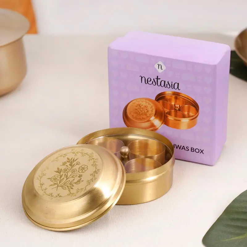 Daisy Vintage Brass Mukhwas Holder – Airtight Lid For Ayurvedic Blends 1