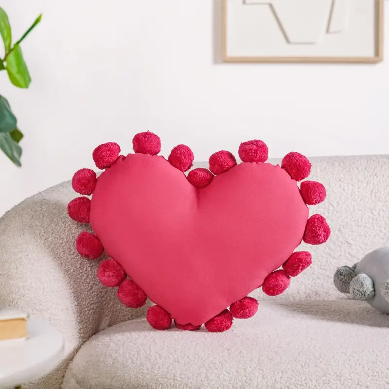 Dark Pink Pom-Pom Heart Cushion – 40X35 Cm Textured Living Room Pillow 1