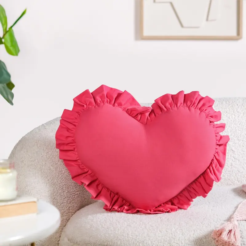 Dark Pink Ruffled Heart Cotton Pillow – 43X38 Cm Premium Decorative Cushion 1