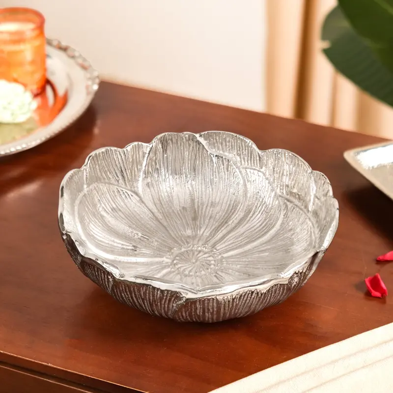 Decorative Metal Urli Bowl With Floral Embellishment – Handcrafted Centerpiece 1