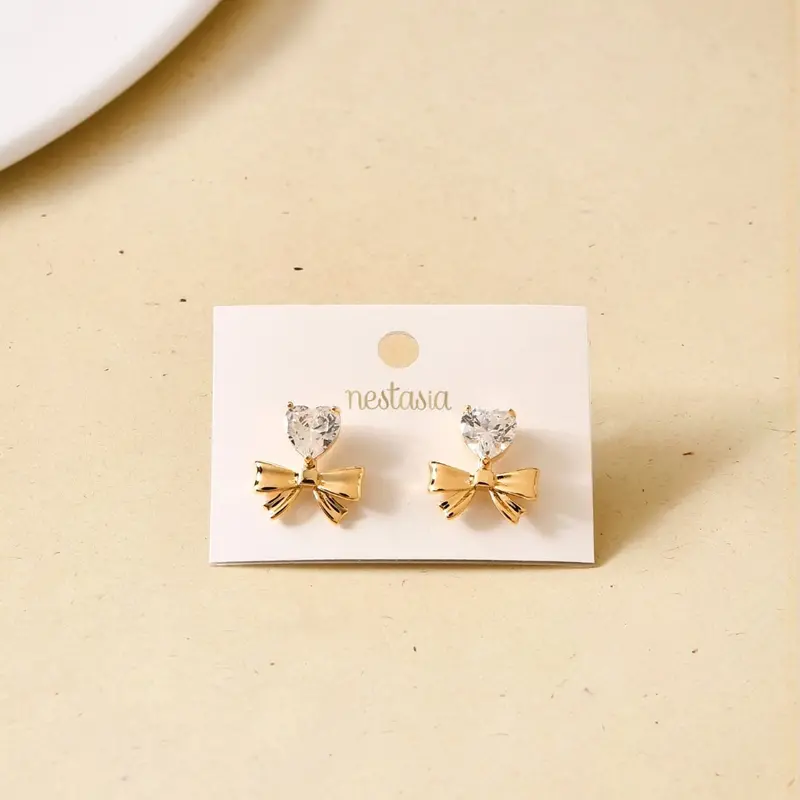 Diamond-Accented Heart Bow Drop Earrings – Gold 1
