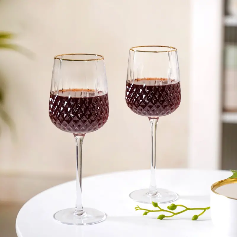 Diamond-Textured Goblet Wine Glasses – 370Ml, Set Of 2 Luxe Tactile Drinkware 1