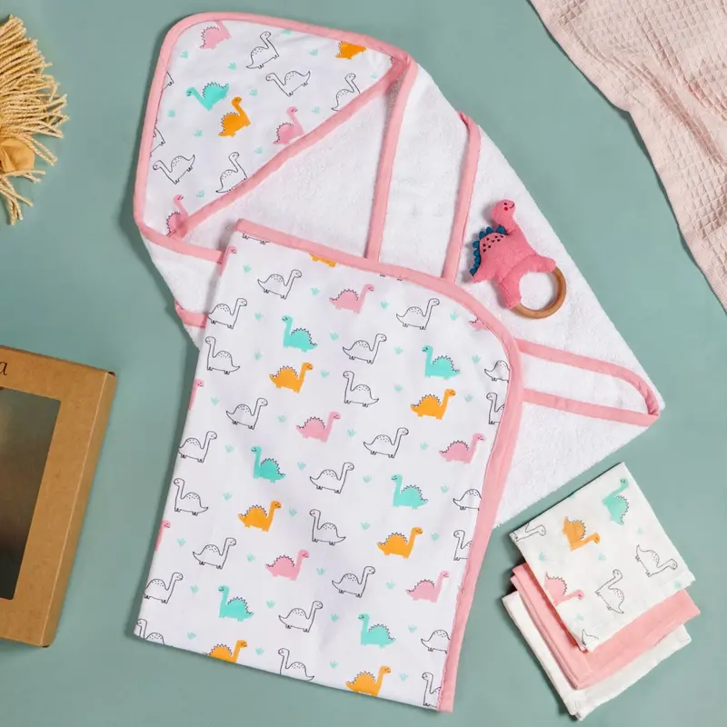 Dino Adventure Baby Hamper – Soft Swaddle, Towel, Napkin & Rattle Bundle 1