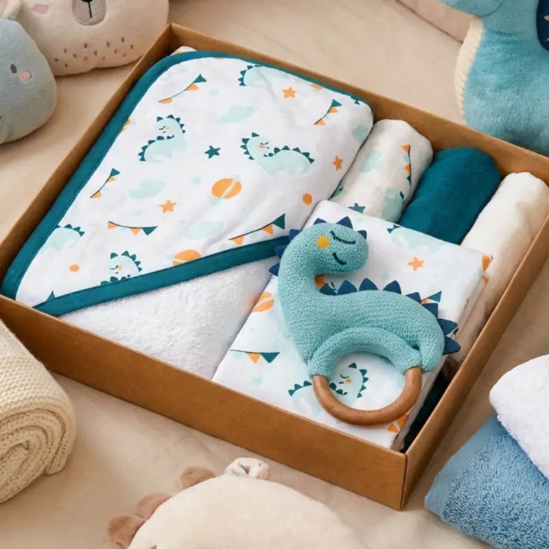 Dino-Themed Baby Gift Hamper – Organic Swaddle, Towel, Napkin & Rattle Set 1