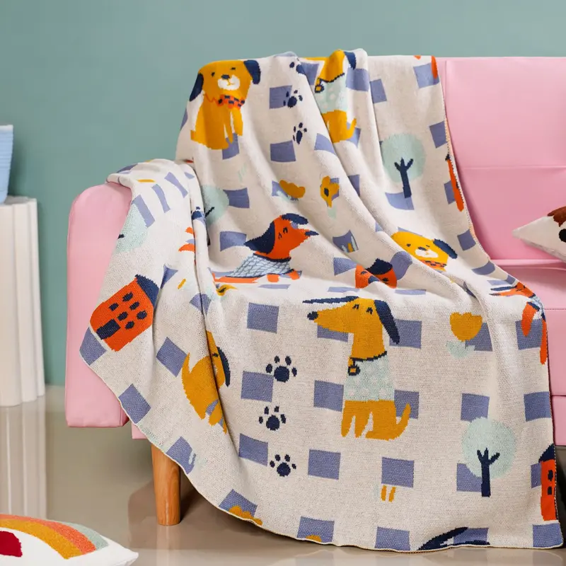 Dog Park Inspired Knitted Throw For Kids – Playful 155X132Cm Cotton Blanket 1
