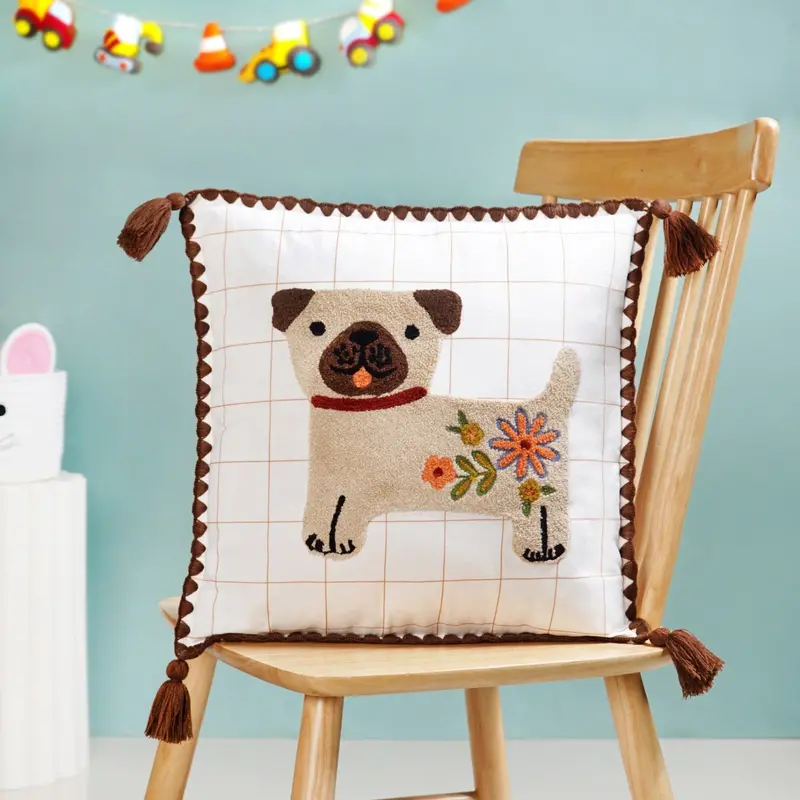 Dog-Themed Embroidered Cushion Cover With Tassels (42X42 Cm) 1
