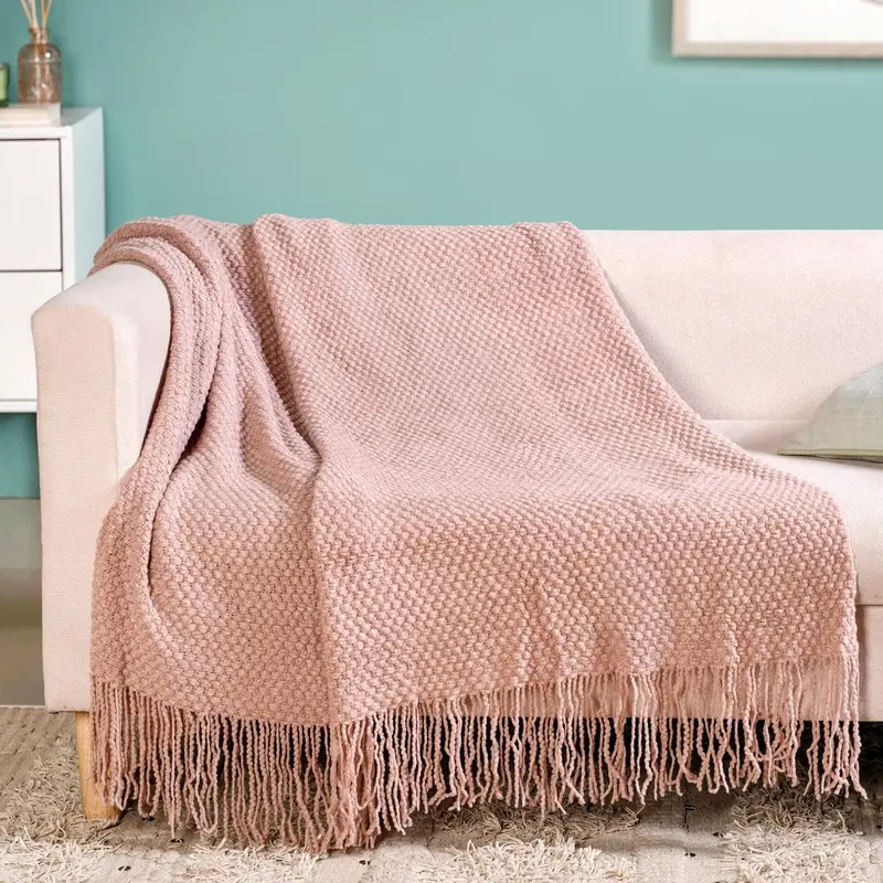 Dusty Pink Basketweave-Knit Throw Blanket 1