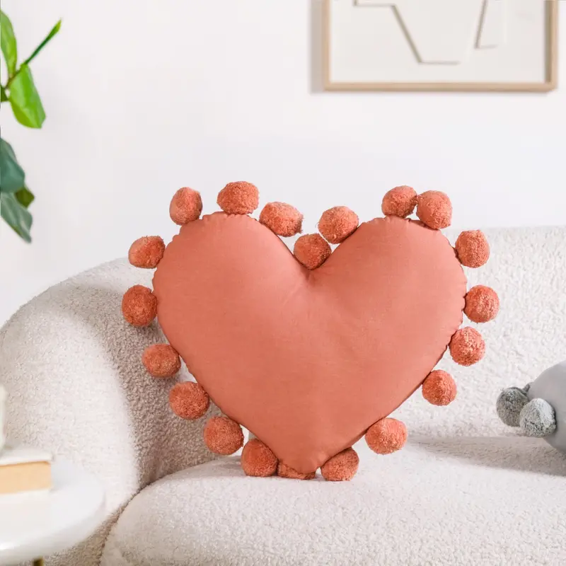 Dusty Pink Pom-Pom Heart Throw Pillow – 40X35 Cm Boho-Inspired Cushion 1