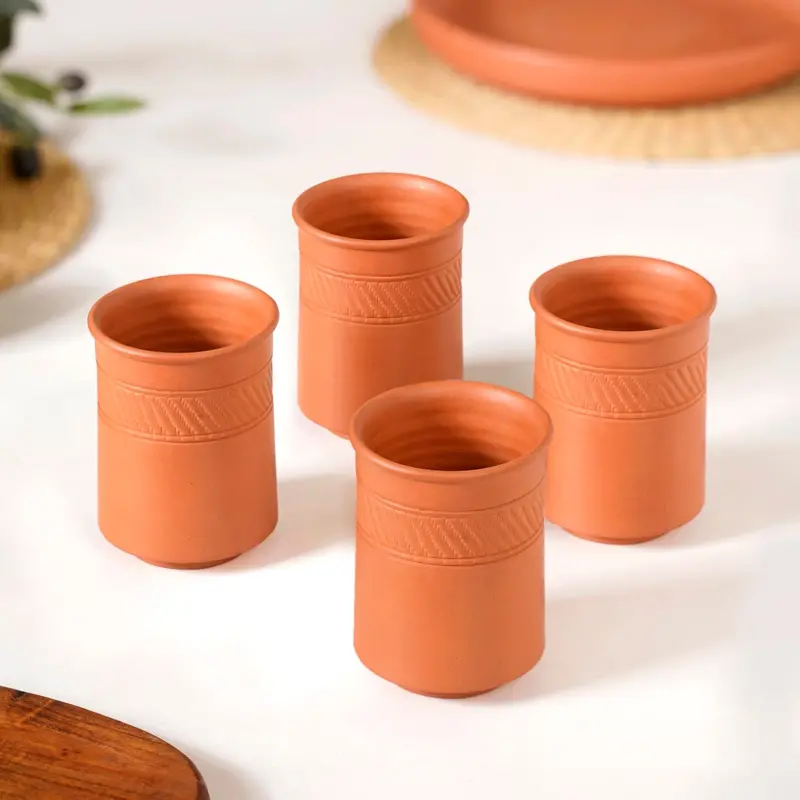 Earthen-Textured Terracotta Tumblers – Set Of 4 Rustic Mugs (300Ml) 1