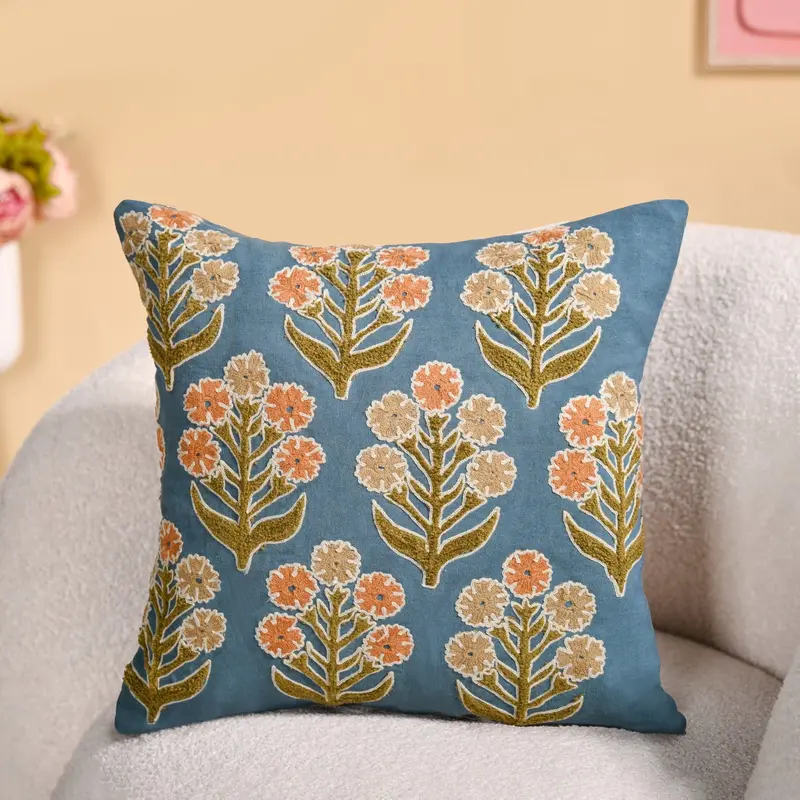 Earthy Botanical Embroidered Cushion Cover – 40X40Cm Natural-Tone Pillow Slip 1