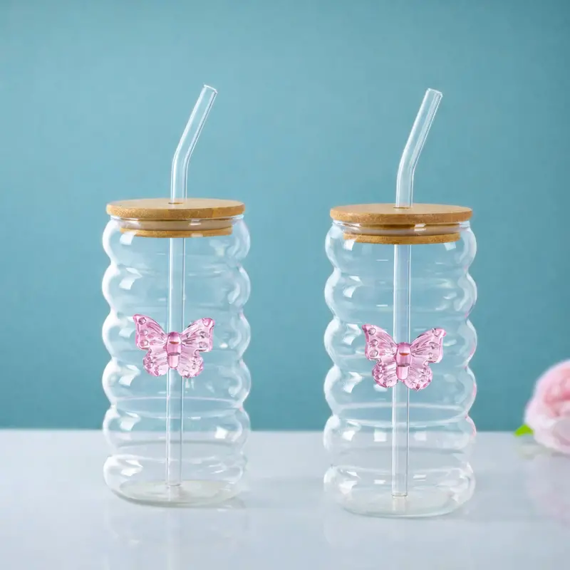 Elegant Butterfly-Embellished 500Ml Glass Tumbler Set (2) With Straw 1