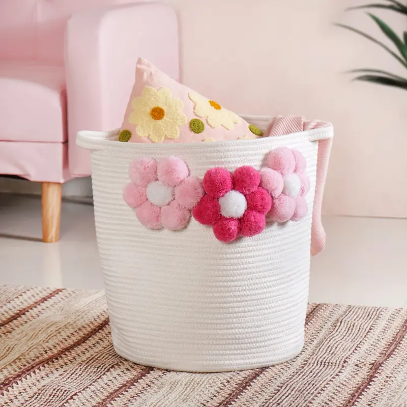 Elegant White Basket Accented With Pink Floral Embellishments – 40 Cm 1