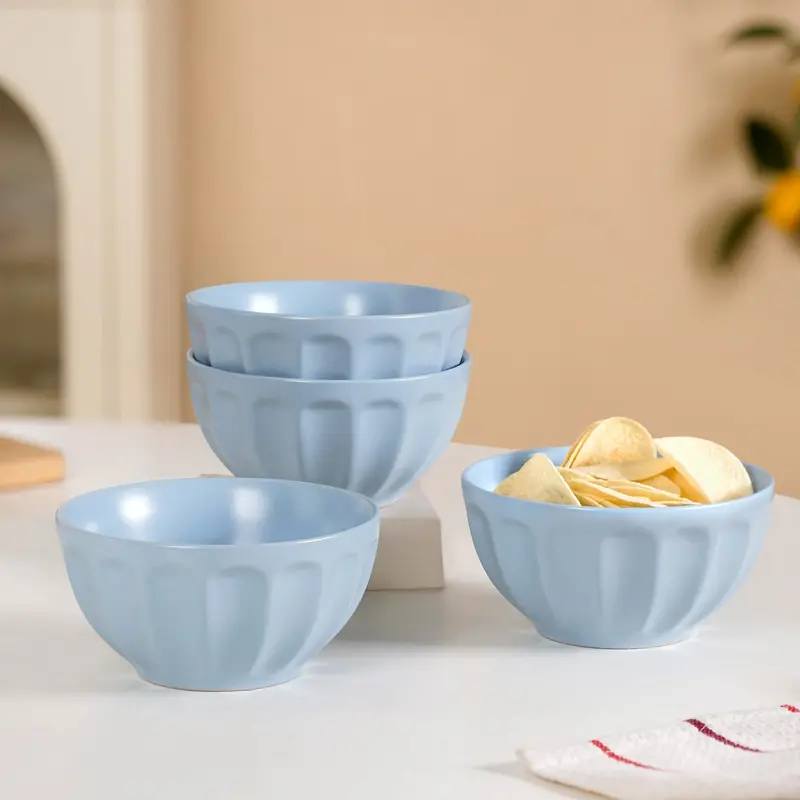 Embossed Baby Blue Ceramic Bowls – Set Of 4, 580Ml 1