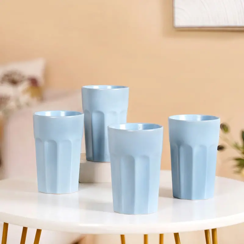 Embossed Baby Blue Ceramic Tumblers – Set Of 4, 380Ml 1