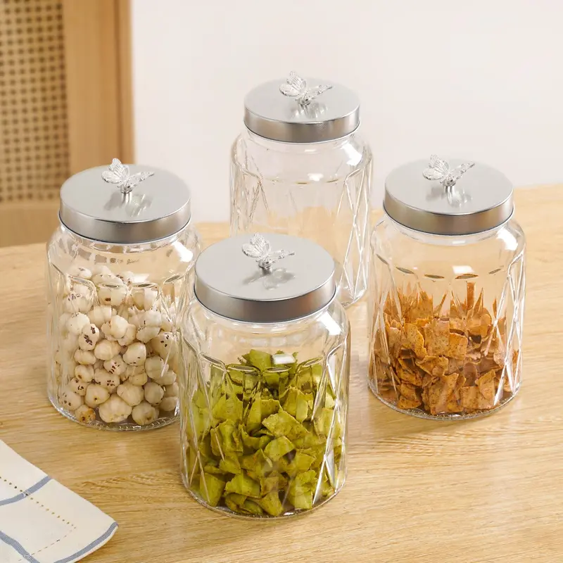 Embossed Butterfly-Accent Glass Jars – Set Of 4, 1L Capacity 1
