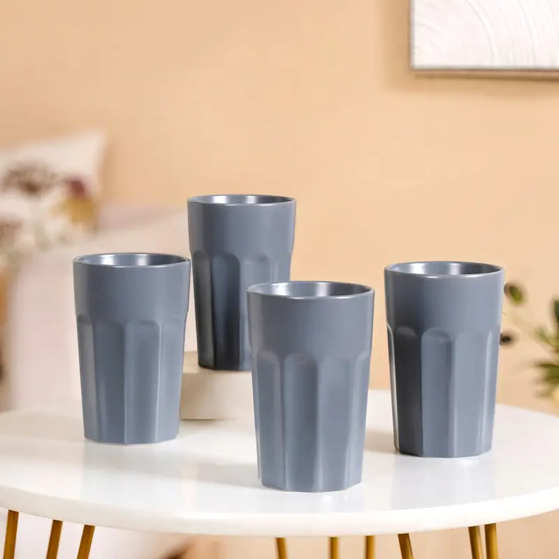 Embossed Cool Grey Ceramic Tumblers – Set Of 4, 380Ml 1