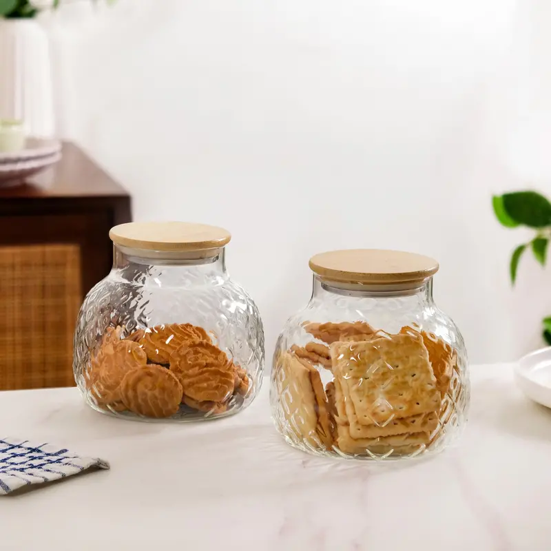Embossed Glass Food Jars With Sustainable Bamboo Lids – 2 X 1200Ml 1