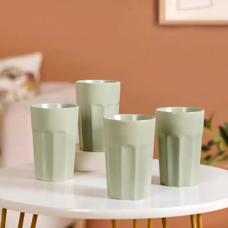 Embossed Sage Green Ceramic Tumblers – Set Of 4, 380Ml 1