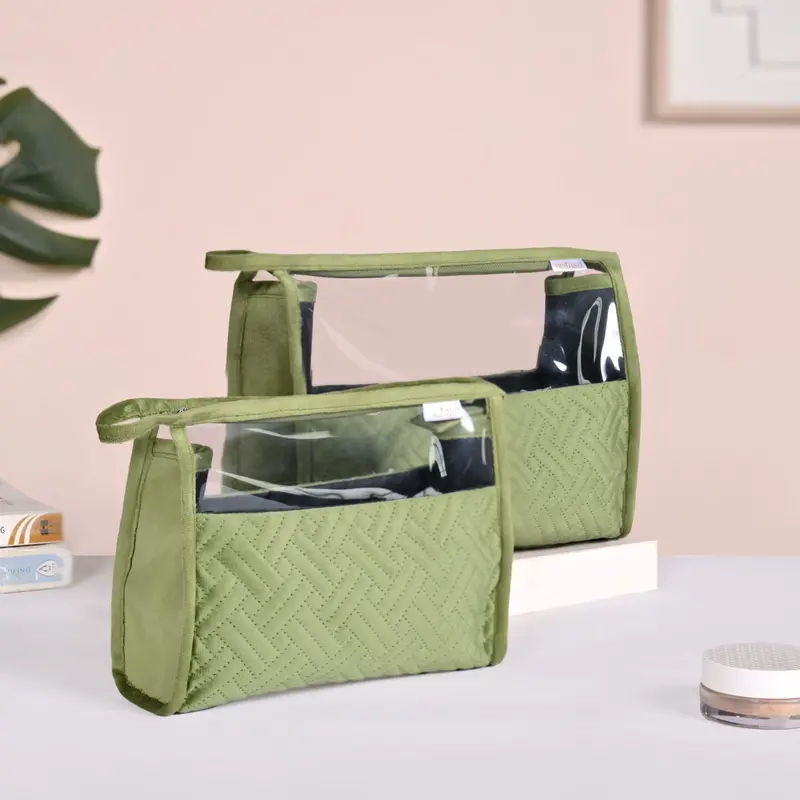 Emerald Green Velvet Travel Pouches With Transparent Panels – Set Of 2 1