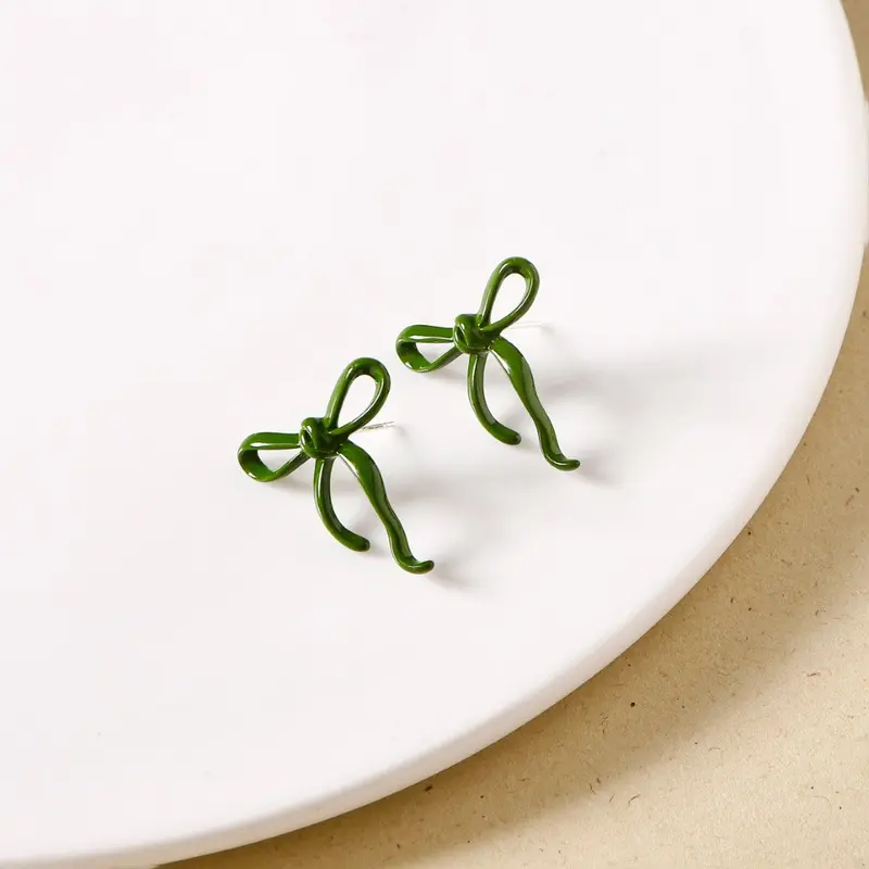 Emerald-Tone Bow Stud Earrings 1