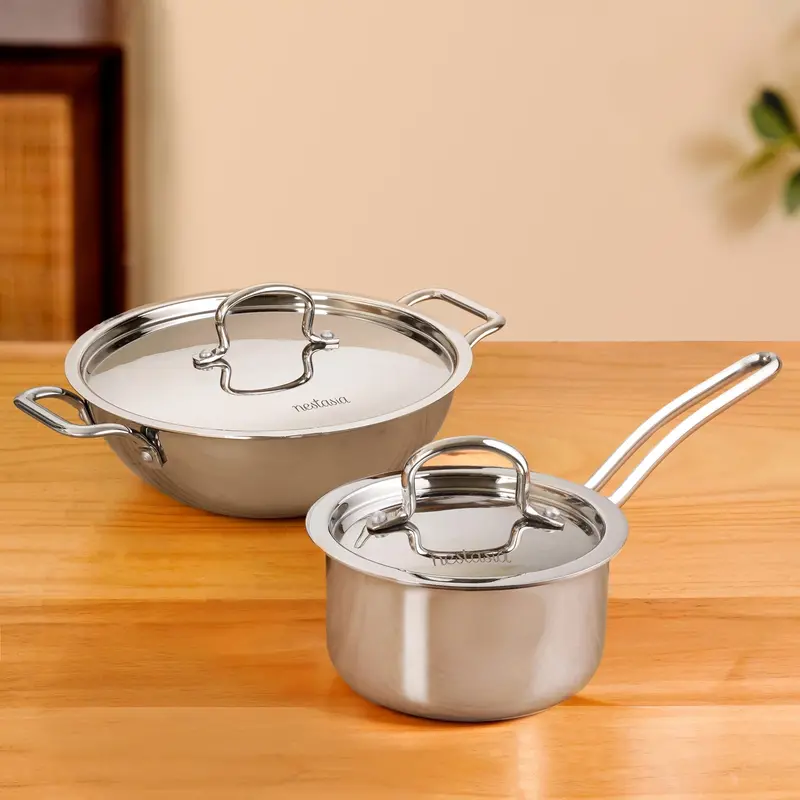 Essential Triply Stainless Steel Cookware Set – Saucepan And Deep Kadai Included 1