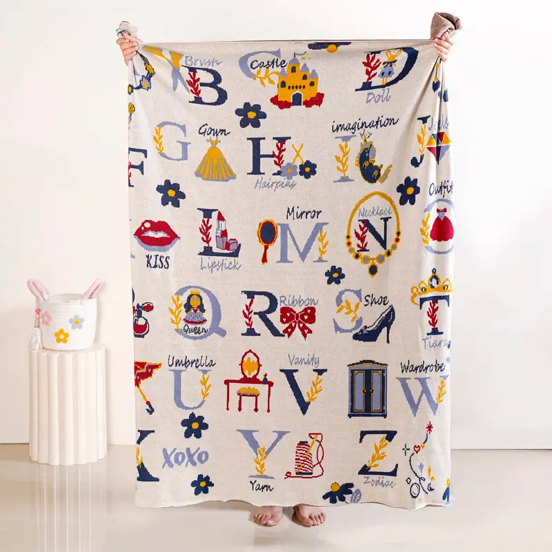 Fairytale Castle & Crown Alphabet Throw For Girls – 150X128Cm Knitted Blanket 1