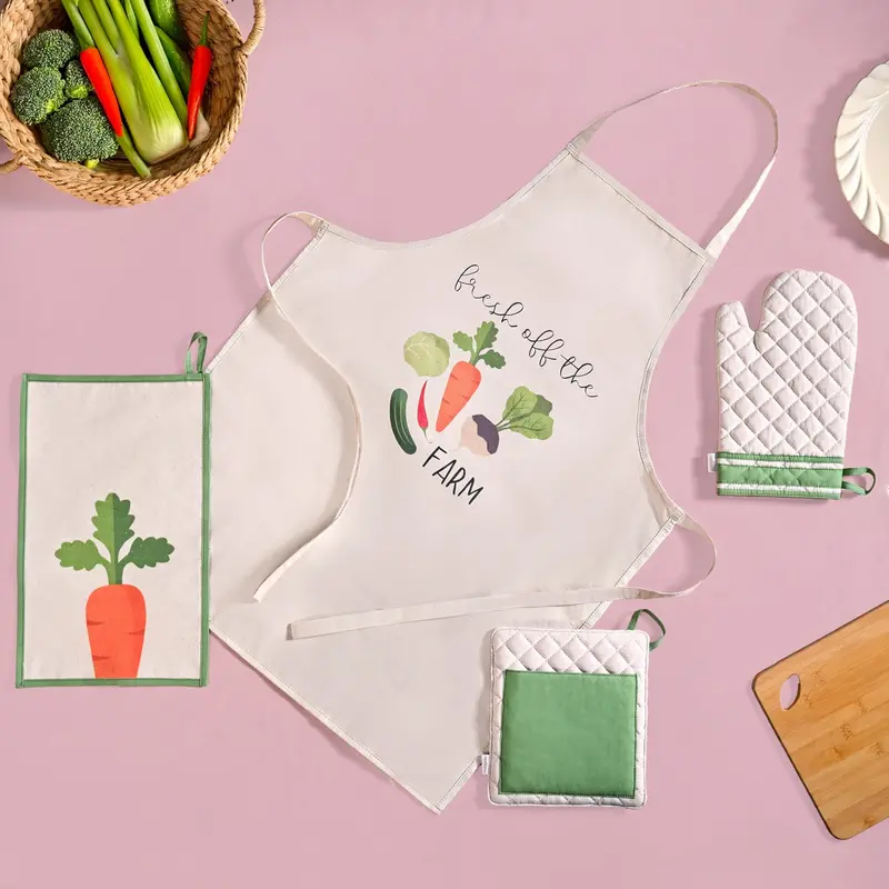 Farm Fresh Kitchen Set – Apron, Heat-Resistant Mittens, Pot Holder & Hand Towel (4-Piece) 1