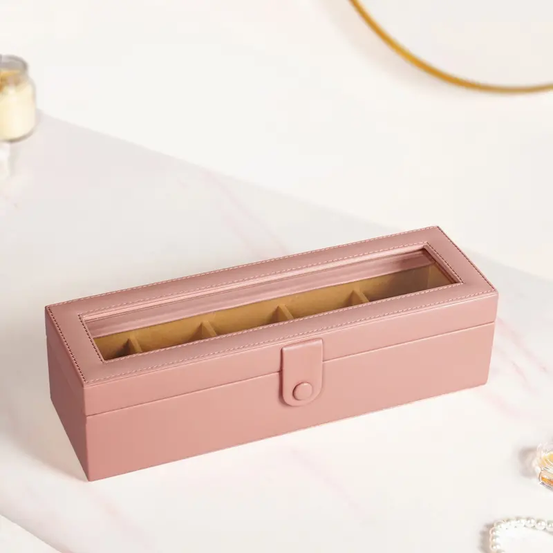 Faux Leather Watch Storage Box – Pink Compact Organizer 1