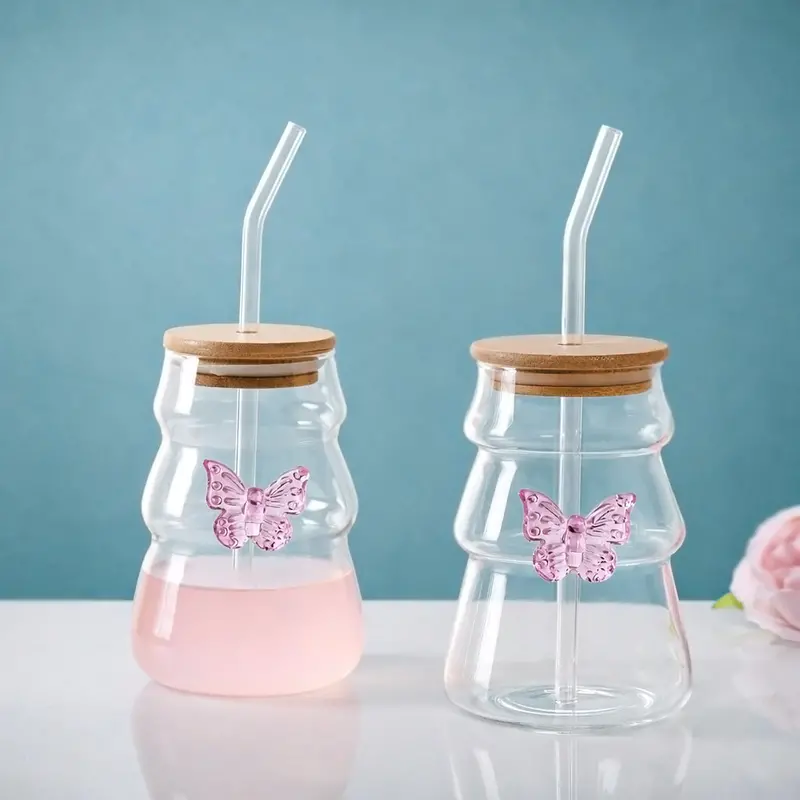 Feminine Butterfly-Print 500Ml Glass Tumbler Set (2) With Straw 1