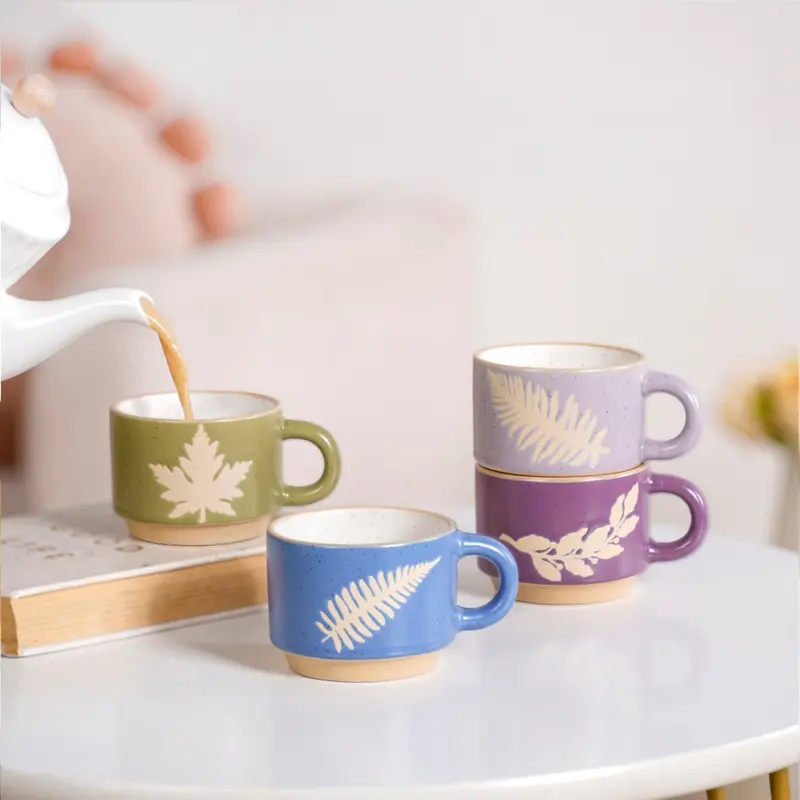 Fern-Inspired Stackable Ceramic Cup Set – 4 Pieces, 145Ml Each 1