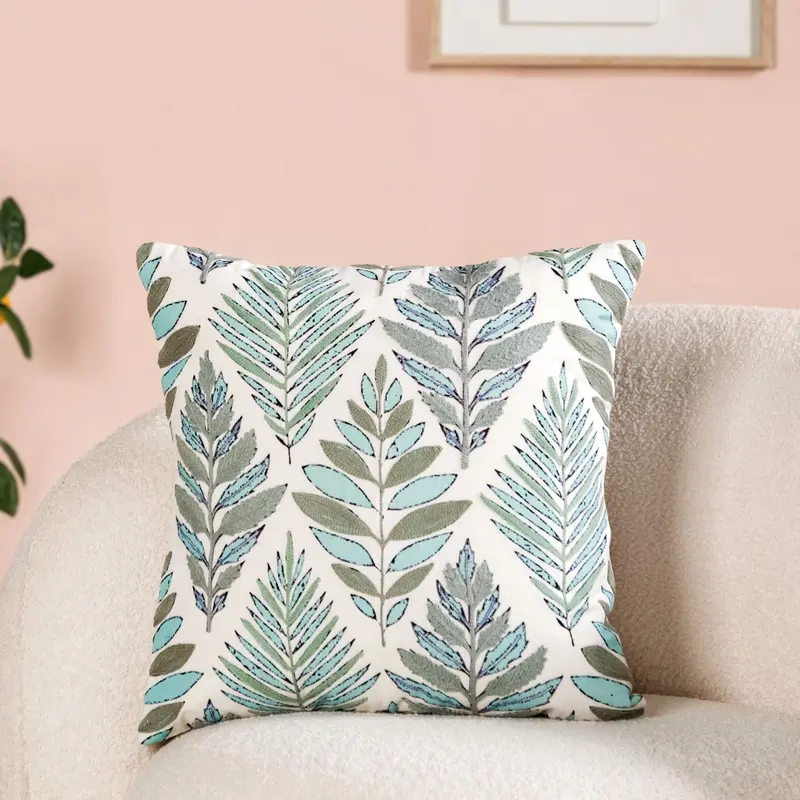 Fern-Print Cotton Cushion Cover – 50X50Cm Botanical Embroidered Throw Pillow Case 1