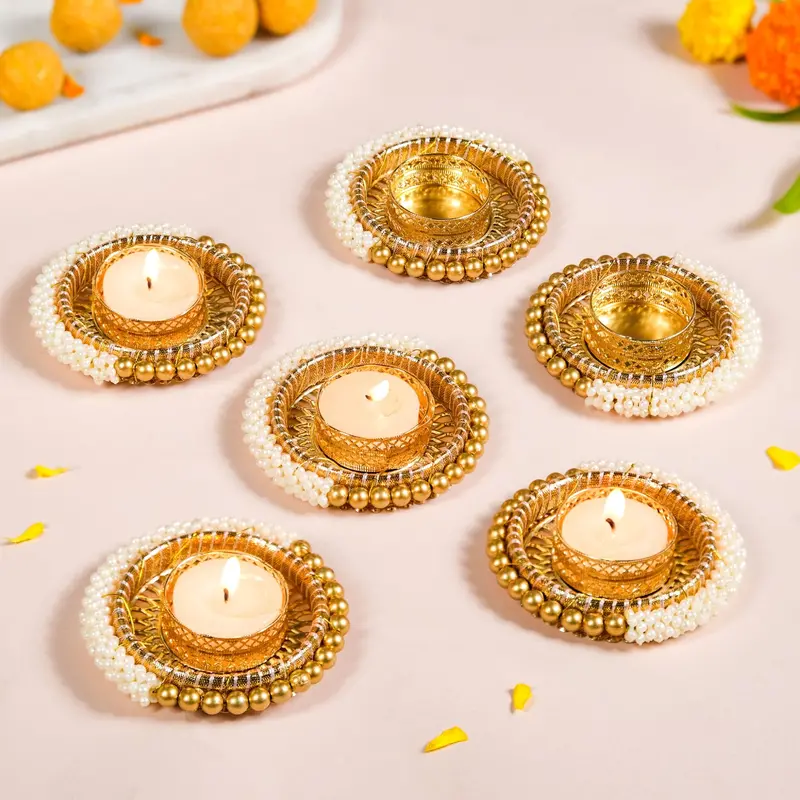 Festive Beaded Tea Light Holders – Set Of 6 Hand-Adorned Candle Containers 1