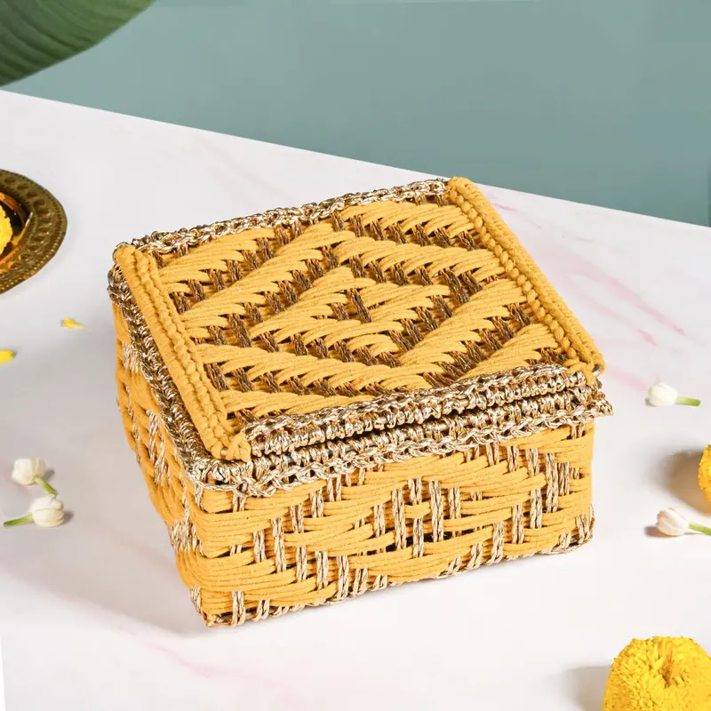 Festive Gold-And-Yellow Handwoven Basket – Cheerful Handcrafted Hamper For Celebrations 1