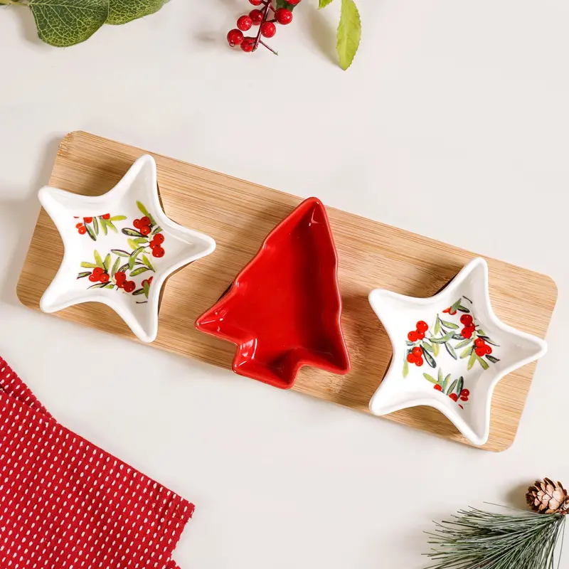 Festive Pine Tree & Star Ceramic Platter Set (4-Piece) 1