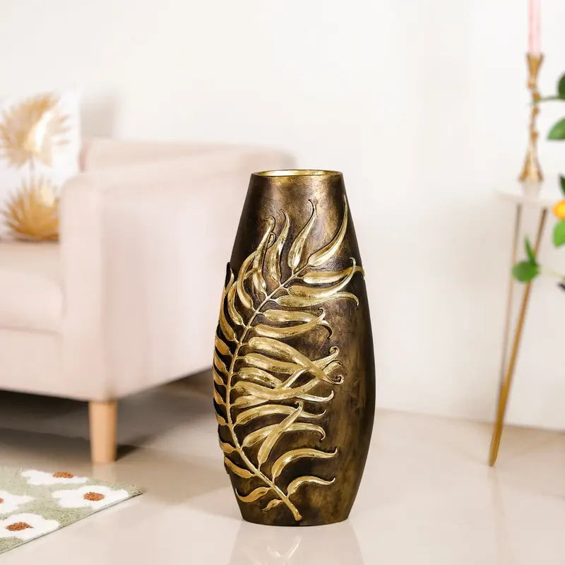 Floor-Height Gold Leaf Flower Vase – Sculptural Bloom Container 1