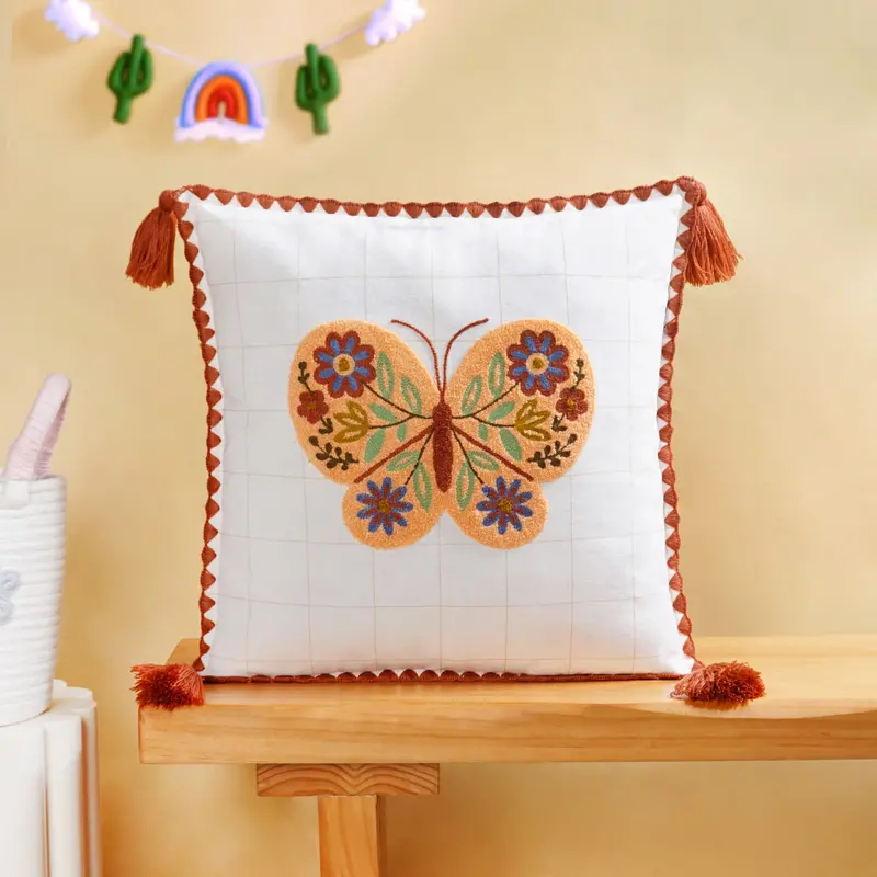 Floral Butterfly Embroidered Cotton Cushion Cover (42X42 Cm) 1