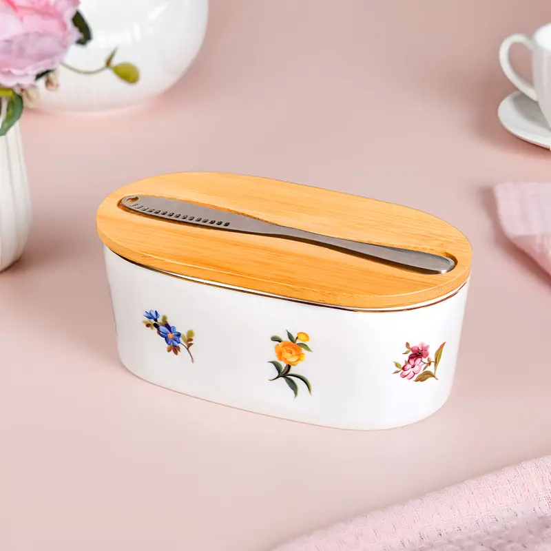 Floral Ceramic Butter Dish Set With Lid And Butter Knife 1