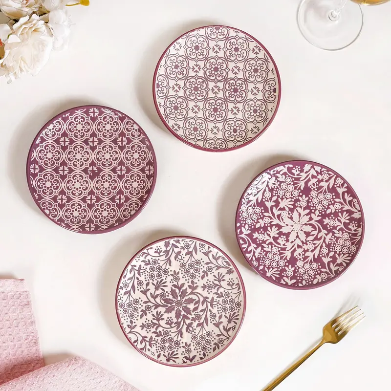 Floral Ceramic Dessert Plates – Set Of 4, White & Mauve, 15Cm 1