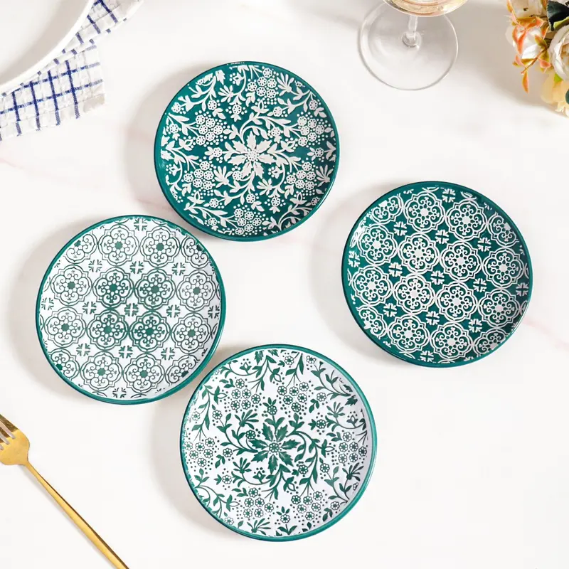 Floral Design Ceramic Dessert Plates – White & Teal, Set Of 4, 15Cm Decorative Tableware 1