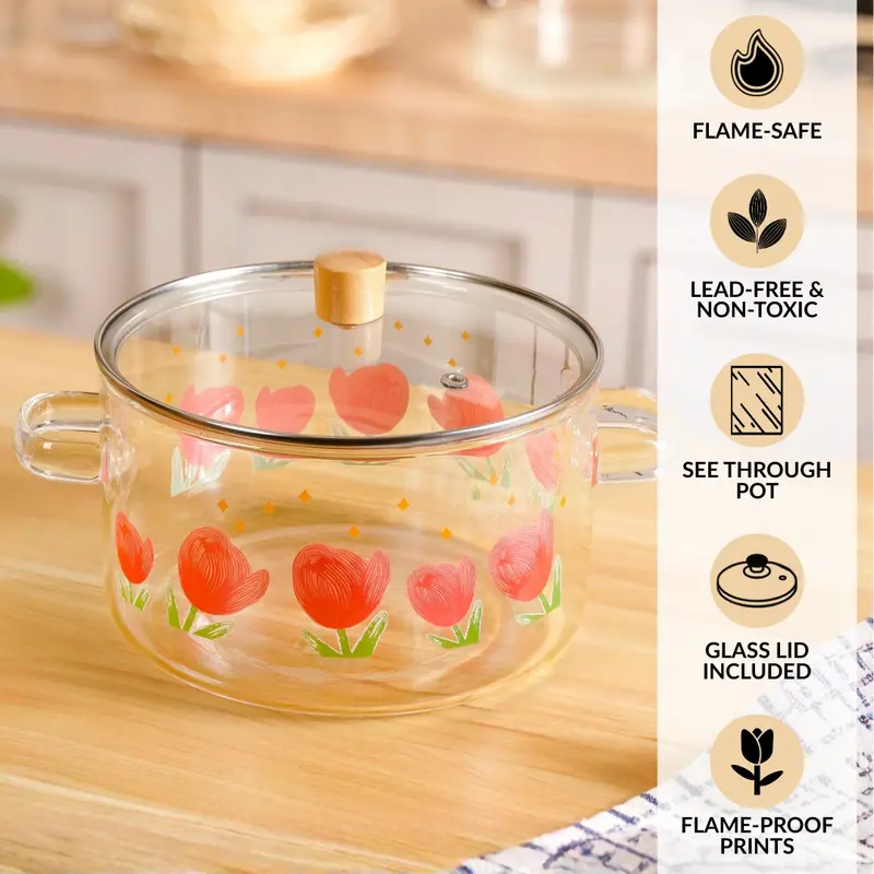 Floral-Design Flame-Safe Glass Cooking Pot With Lid (3.2L) 1