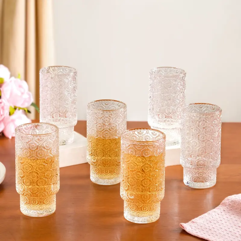 Floral-Embossed Tall Glass Tumblers – Set Of 6 (330Ml Each) 1