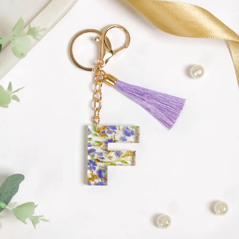 Floral Fantasy F Initial Keychain With Satin Ribbon Tassel 1