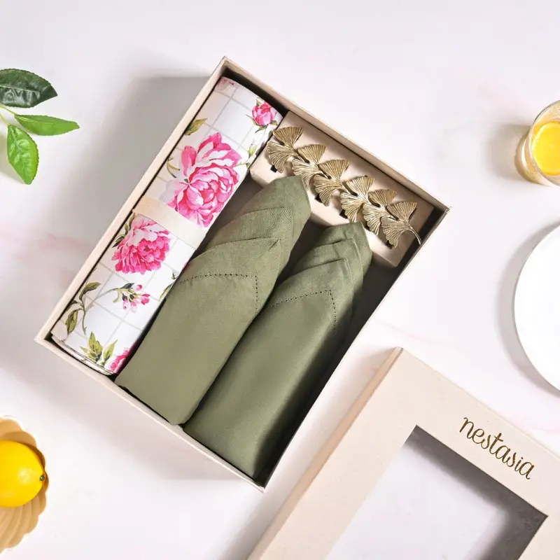 Floral Rouge Table Linen Hamper – Curated Set Of 6 Napkins, Placemats & Ring Holders 1