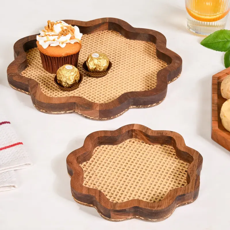 Flower Acacia Wooden Platter Set – 2-Piece Serving Tray With Rattan Weave Edge 1