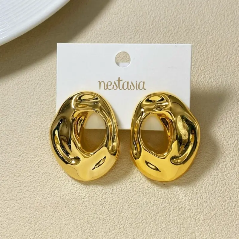 Fluid-Form Hollow Oval Gold Statement Earrings 1