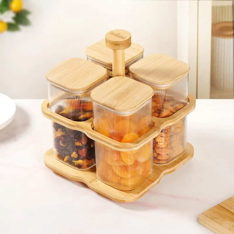 Fluted Airtight Glass Storage Jars With Rotating Stand – Set Of 5, 750Ml Each 1