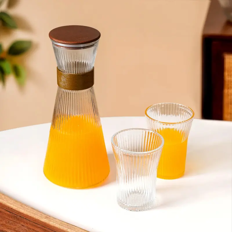 Fluted Glass Carafe With Two Complementary Tumblers 1